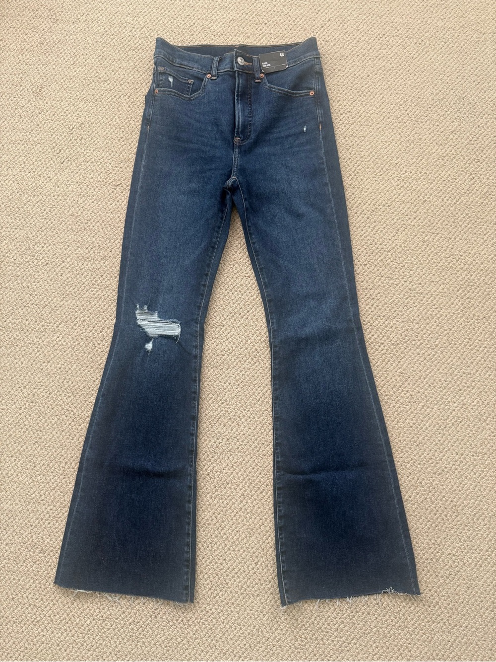 Express Flare High-Rise Dark Blue Jeans - Distressed Knee